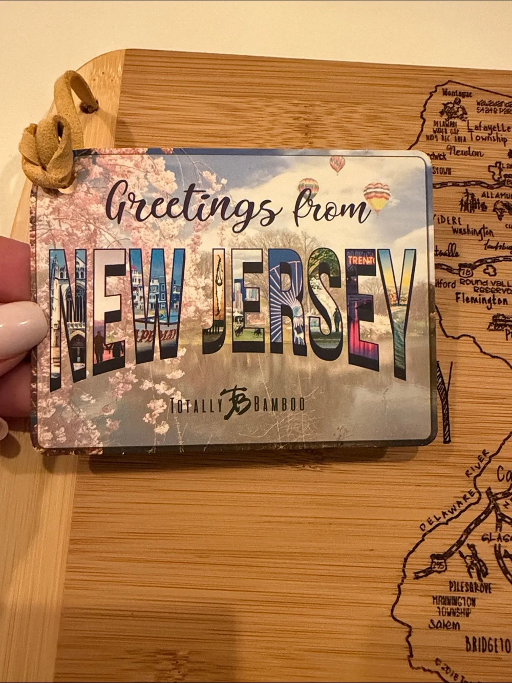 Vintage Bamboo New Jersey Map Cutting Board with Accent Tag